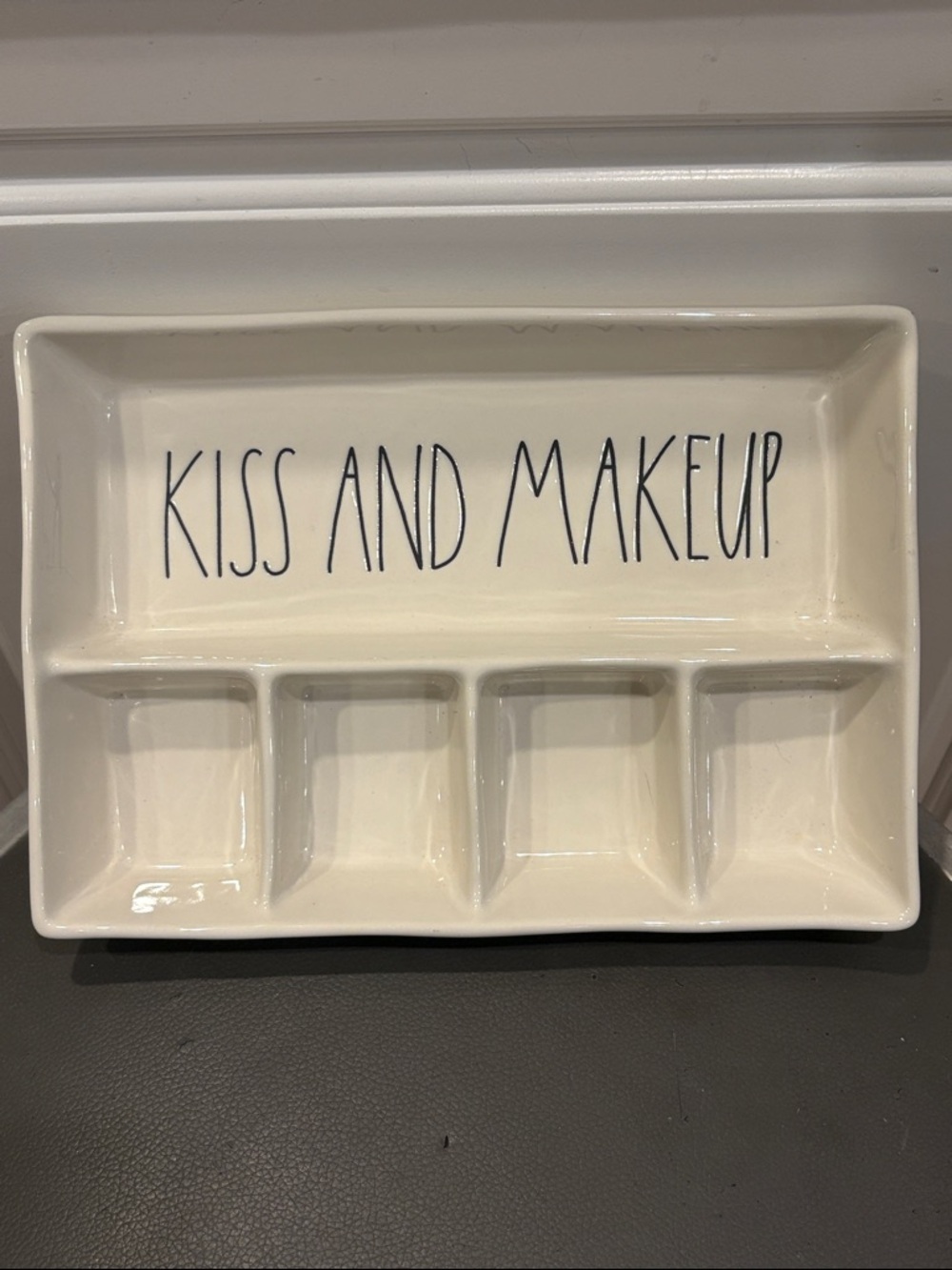 Rae Dunn "Kiss and Makeup" Divided Ceramic Trinket Tray, 10” x 7”
